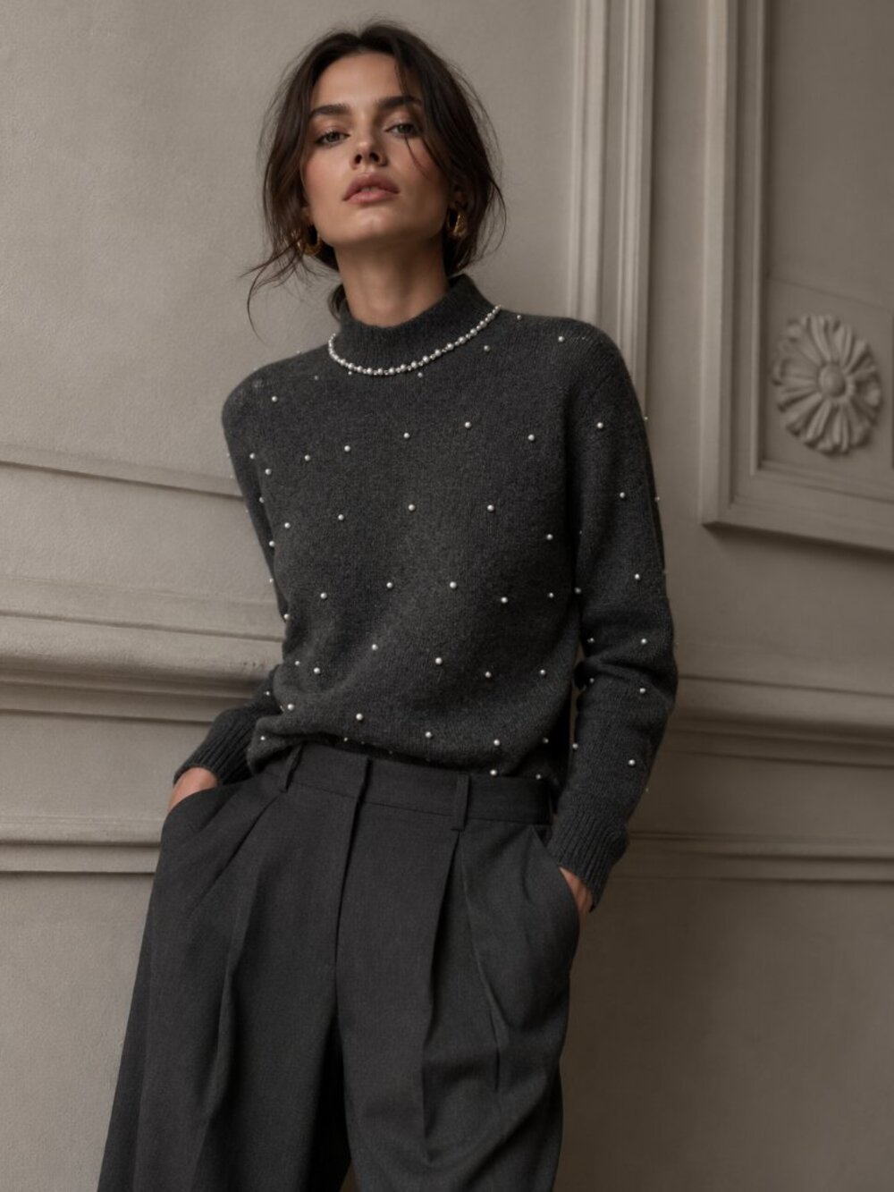 Zara Knit Sweater With Pearls And Rhinestones Gray NWT